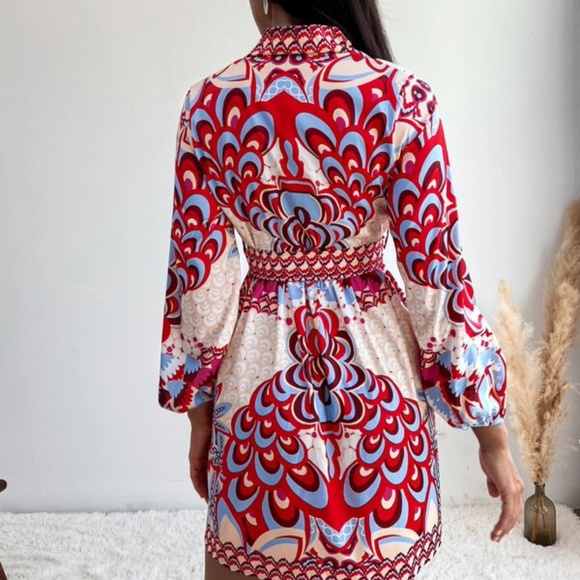 Boho Lantern Sleeve Mini Dress Office Work - Picture 4 of 5